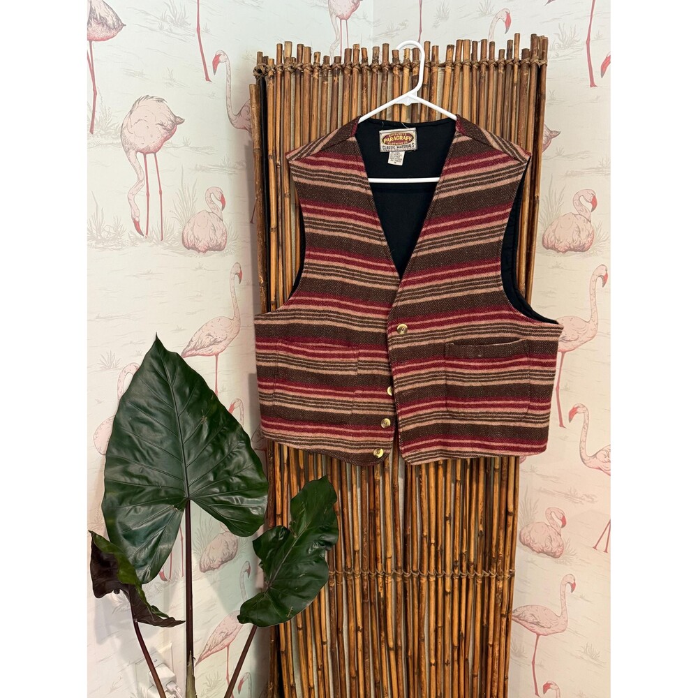 Vintage Wool Blend Striped Burgundy and Brown Button Down Vest Women’s Size M